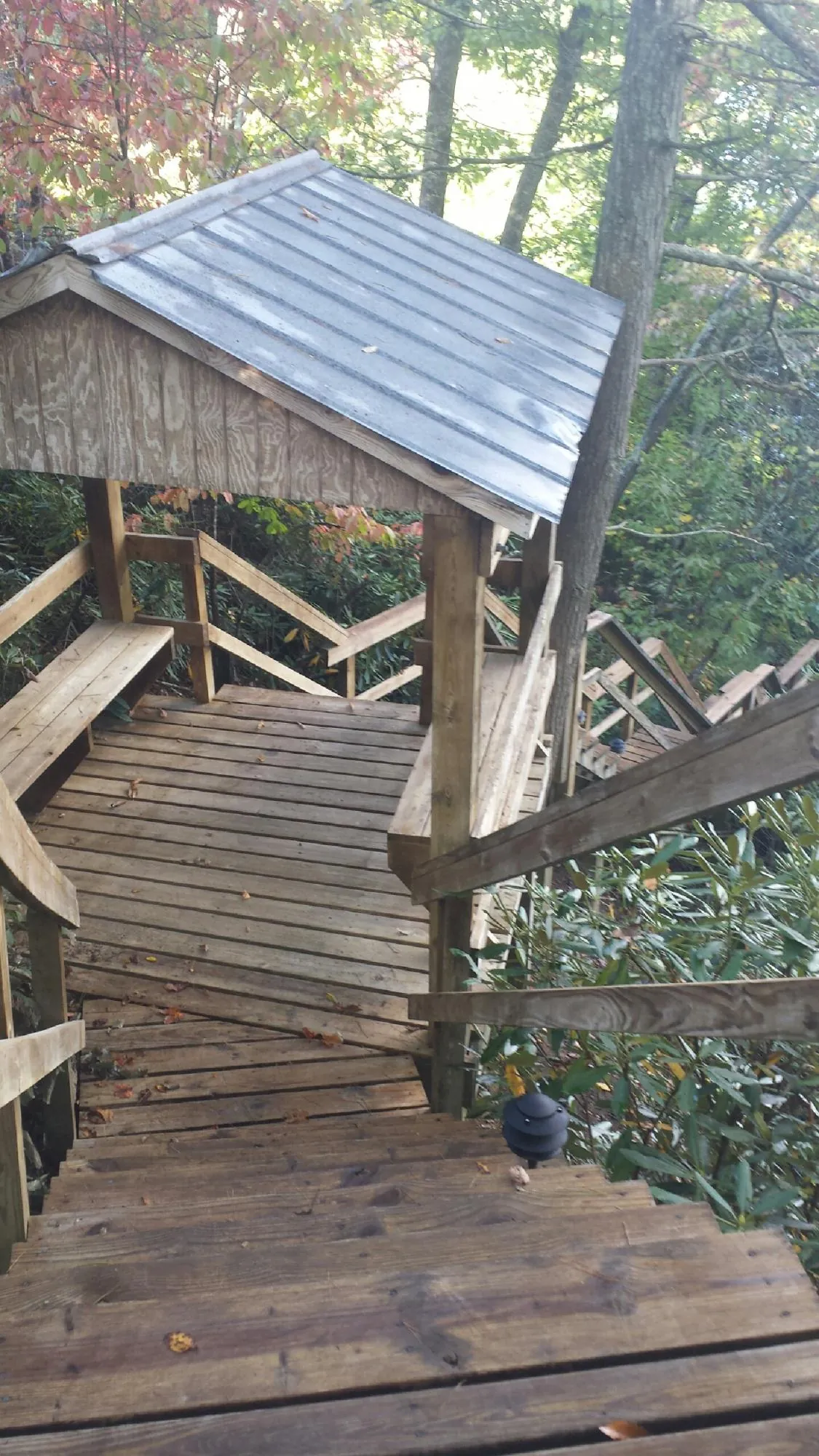 Metal roofed shelter over wooden steps on a wooded walkway — Skylight Repair & Installation work by our crew in Hazlehurst